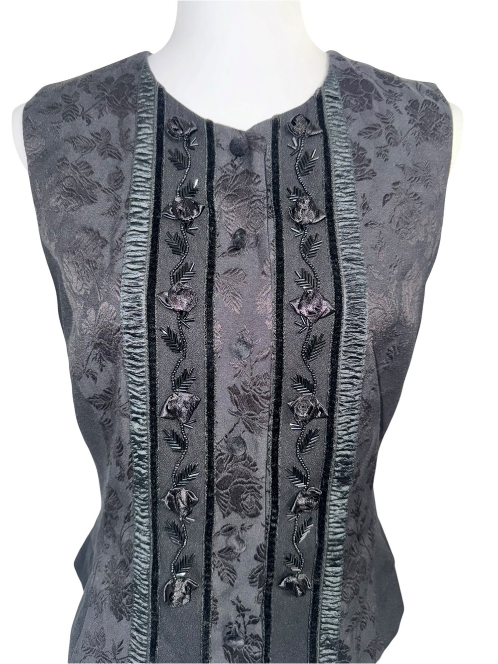 VTG Susan Bristol Black Floral Jacquard Button Front Beaded Vest Vintage Womens - Picture 2 of 11